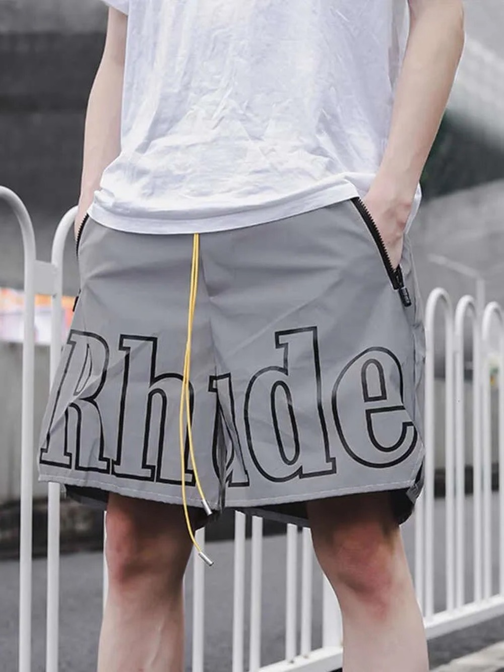 Rhude Gray Reflective Athletic Shorts with Yellow Drawstring